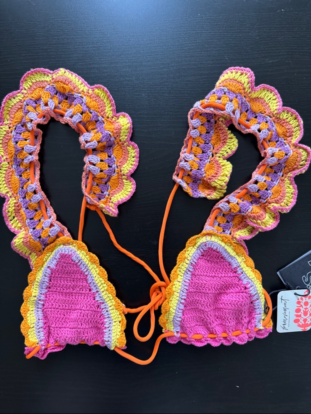 Free People Crochet Ruffle Bikini Set in Pink and Orange - Picture 4 of 10